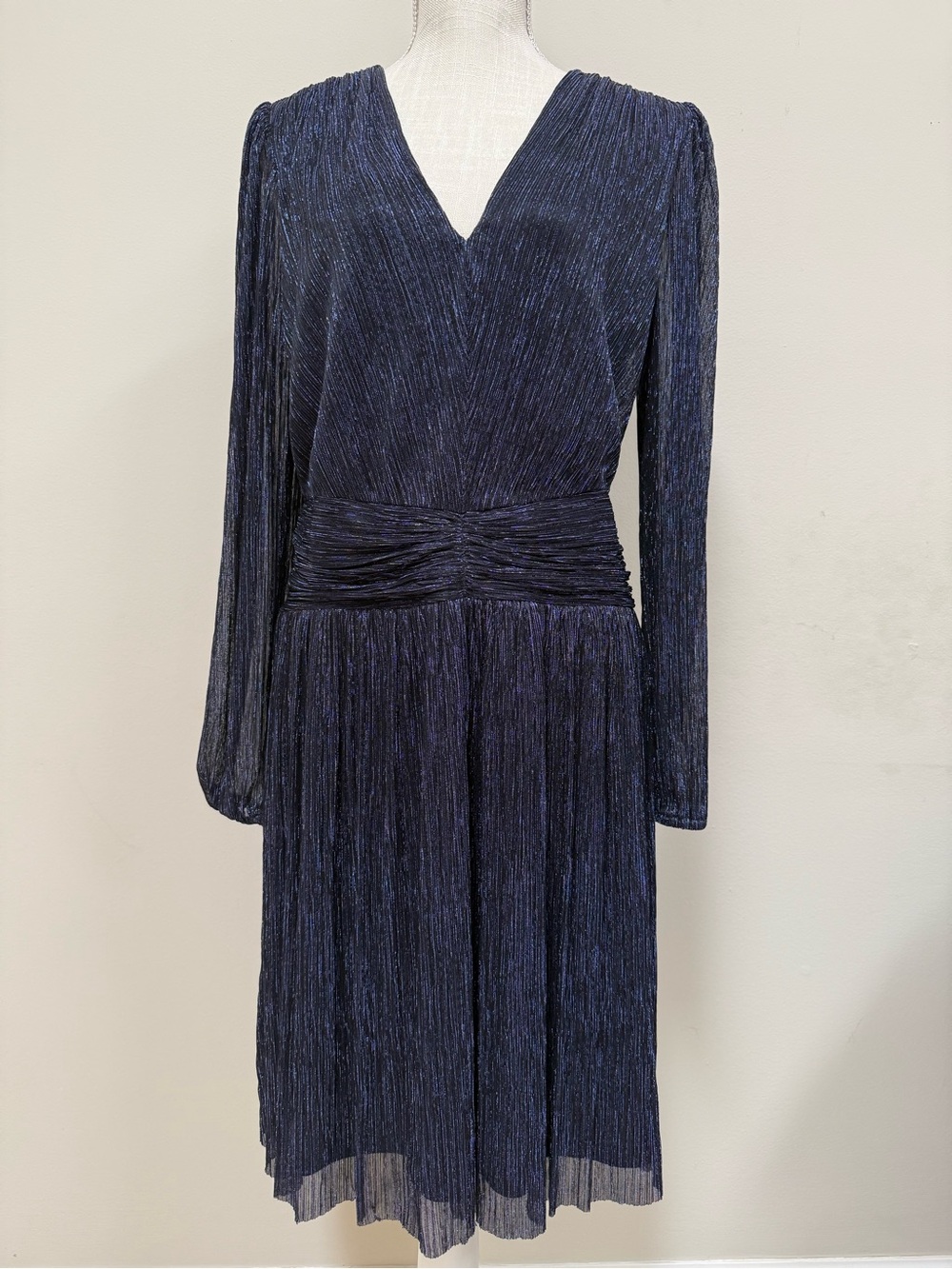 White House Black Market Navy Shimmer V-Neck Pleated Long-Sleeve Dress